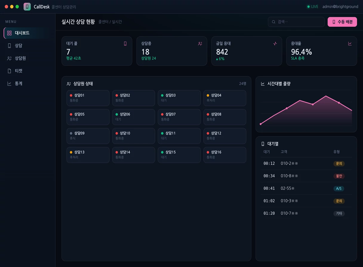 콜센터 상담관리 시스템 프로그램 실행 화면 — 밝은터 개발