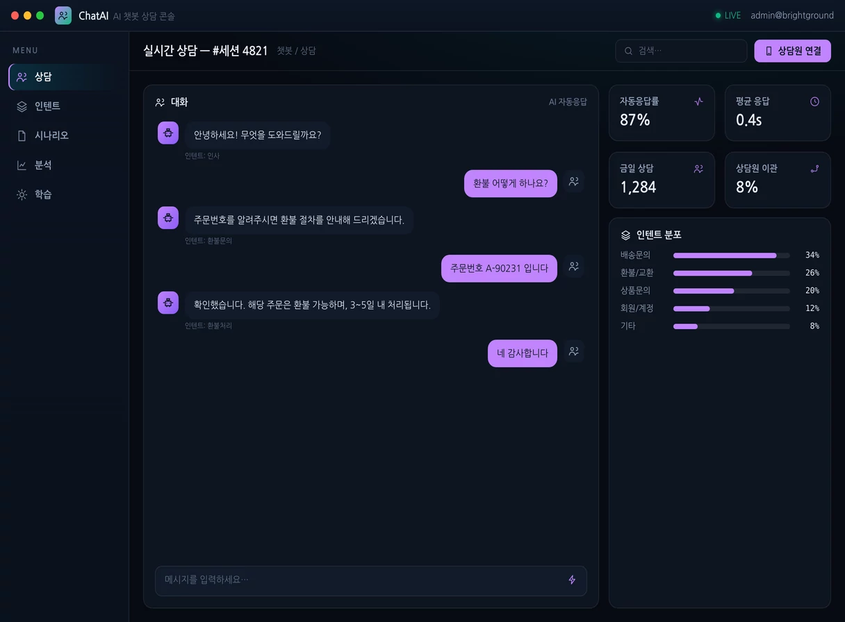 챗봇 상담 AI 콘솔 프로그램 실행 화면 — 밝은터 개발