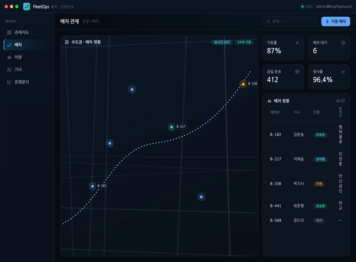 차량 배차 · 관제 대시보드 프로그램 실행 화면 — 밝은터 개발