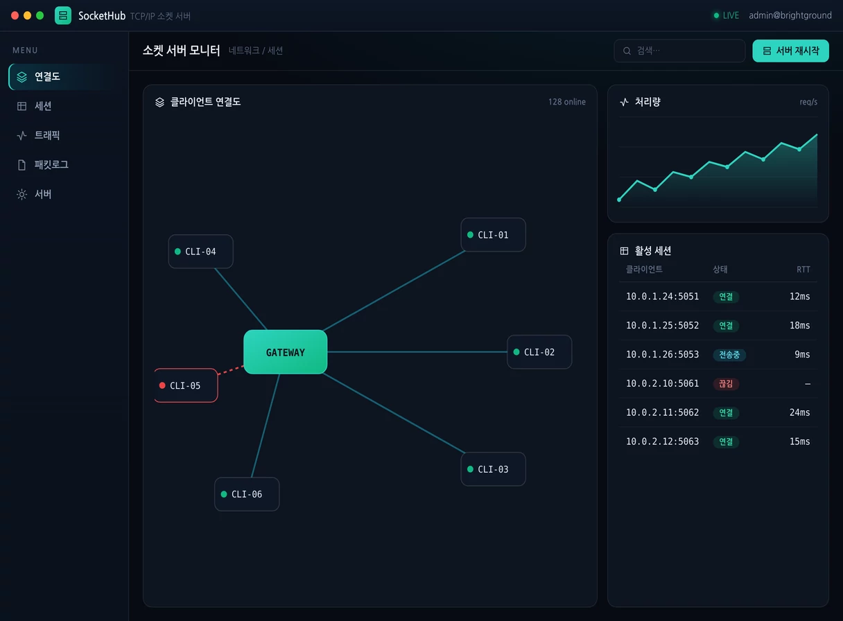 TCP/IP 소켓 서버 · 모니터 프로그램 실행 화면 — 밝은터 개발